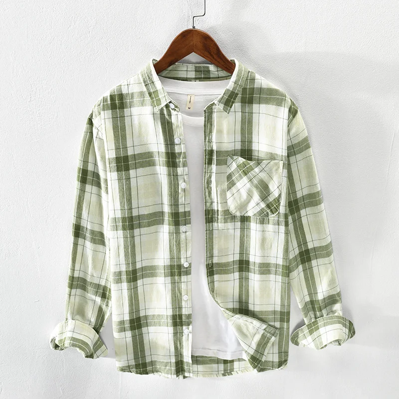 New Men's Casual Plaid Long Sleeve Shirt Korean Styles Harajuku Simple Versatile Chest Single Pocket Button Up Tops Shirts Man