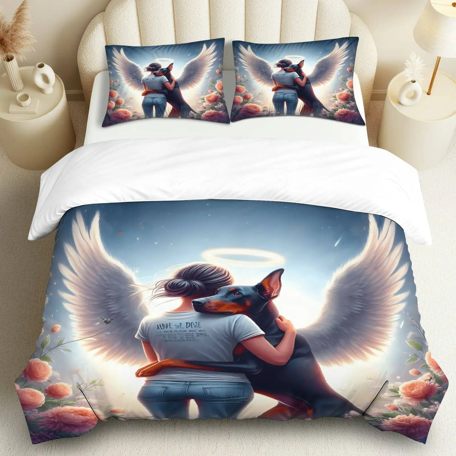 

3PCS Duvet Cover, 1 Duvet+2 Pillowcases(Without filler), Angelic Dog Print Suitable for decoration Bedroom, Guest Room.