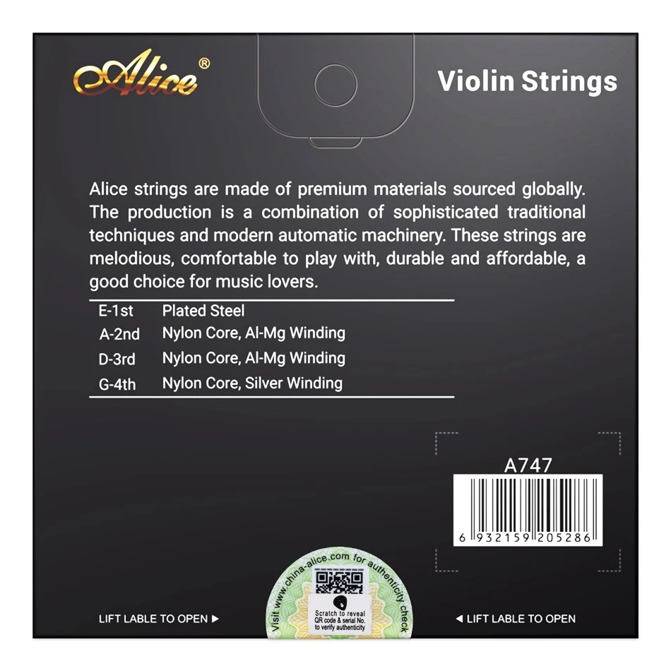 Alice A747 Violin String Set Professional Use Plated Steel Nylon Core Al-Mg Winding Silver Wound for Violin Full Size To 4/4