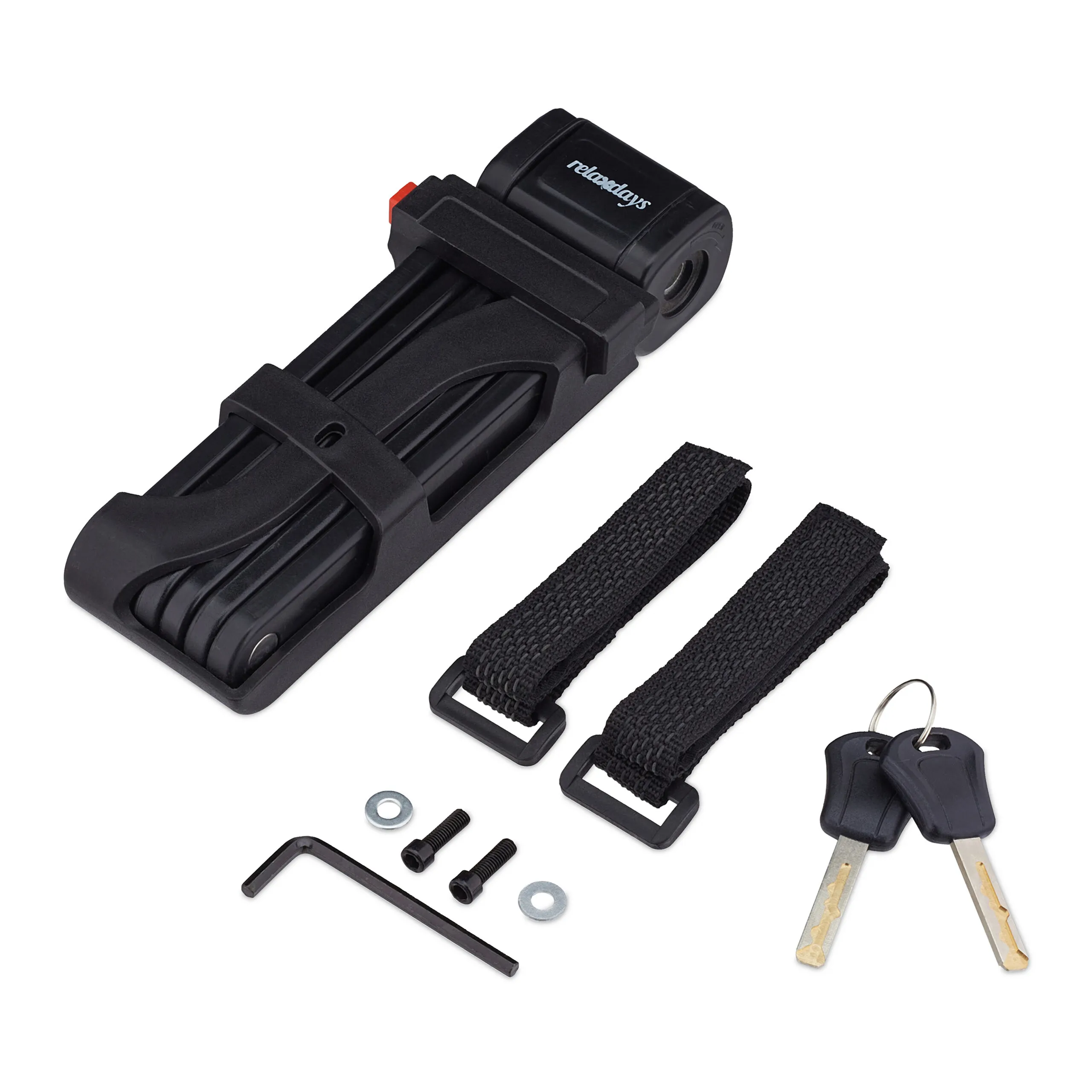 Lucchetto pieghevole per biciclette, 6 maglie in acciaio, per biciclette e e-bike, 85 cm, con staffa e 2 chiavi, acciaio, ABS, PP, nero, lucchetto pieghevole, Relaxdays