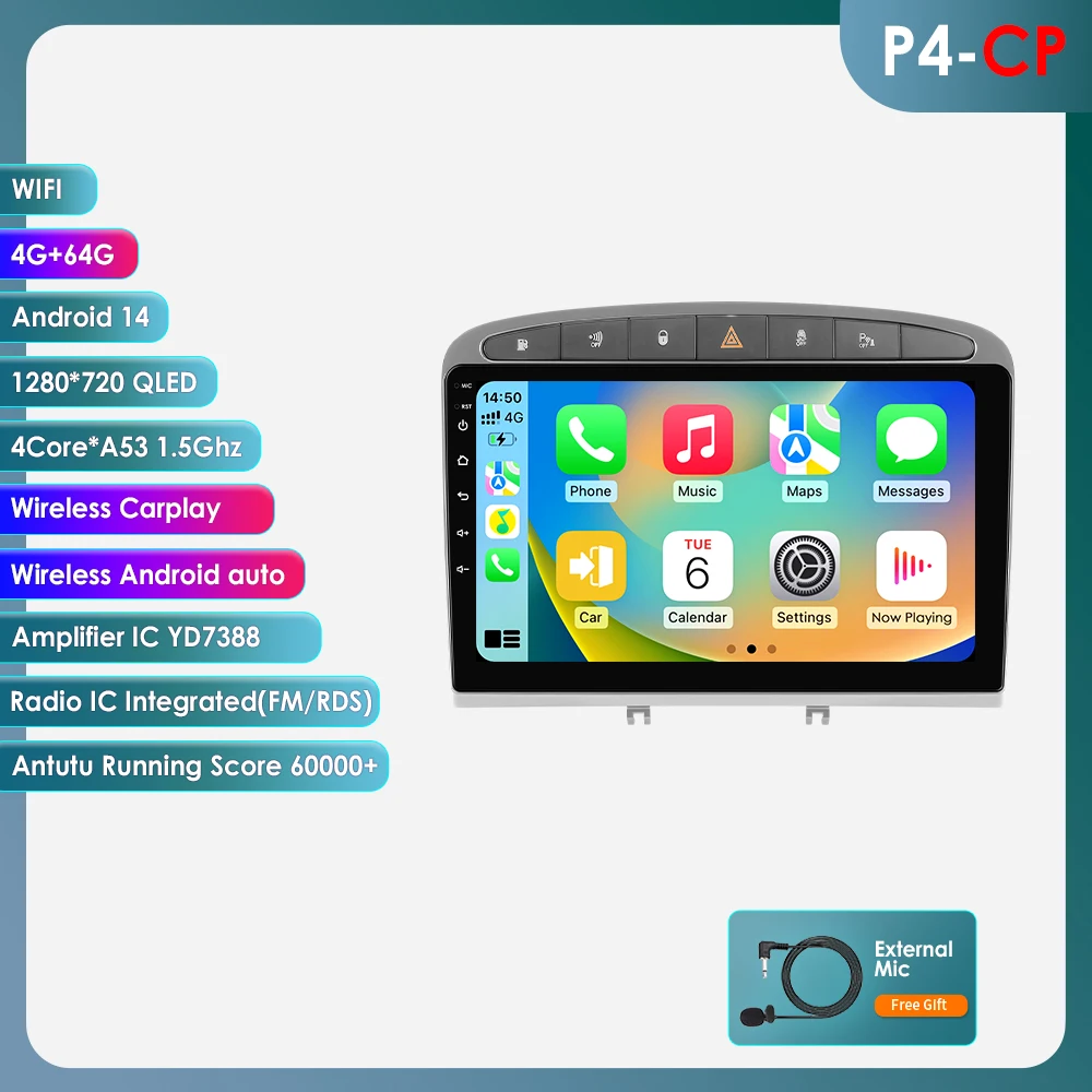 Hizpo 9 Inch autoradio voor Peugeot 308 408 2012-2020, Carplay, Android Auto, multimediaspeler, GPS, 2din autoradio, BT, RDS, head unit