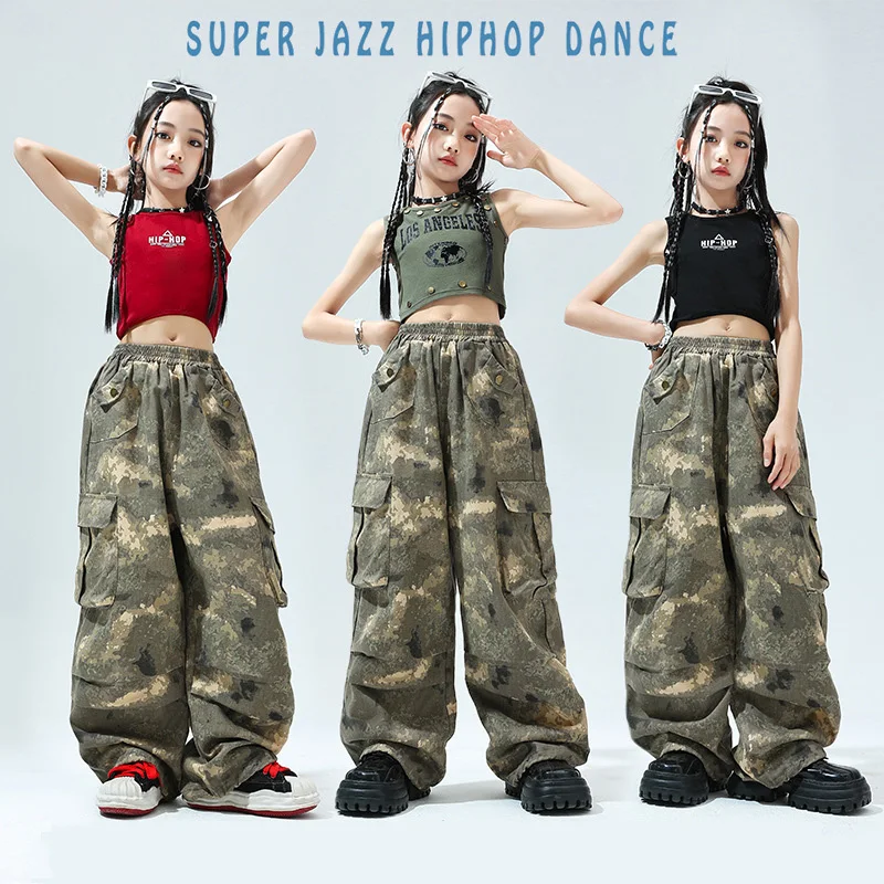 Costume de danse Jazz Hip Hop pour filles, haut court taille haute vert/rouge/noir, pantalon de Camouflage coréen