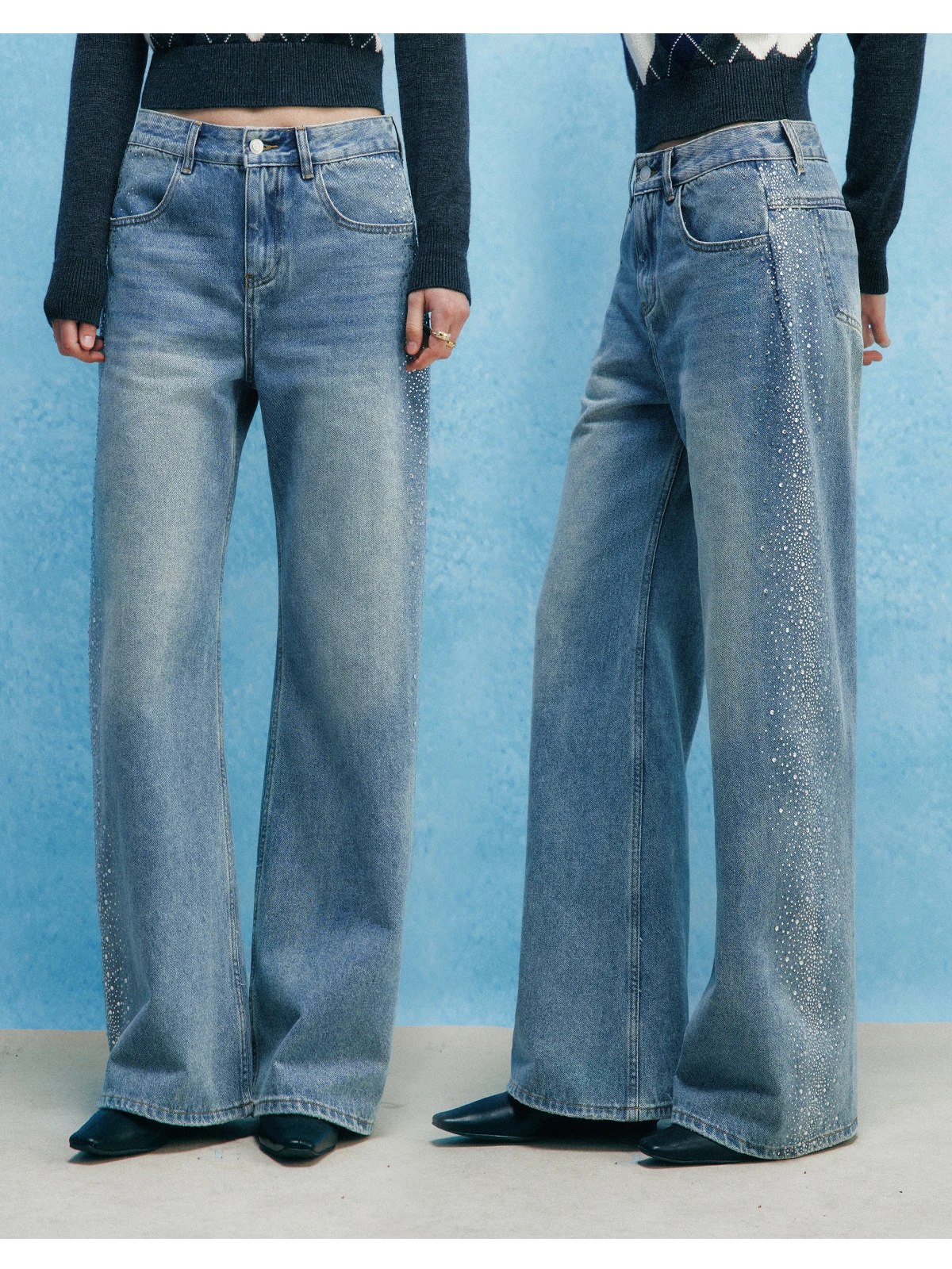 

Laser Cut Rhinestone Wide Leg Jeans Light Blue Casual Cotton Straight Leg Ladies Jeans Glittering Star Series