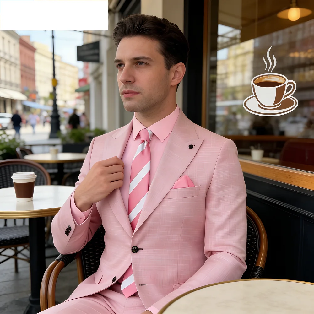

Men's Two-Piece Formal Business Terno De Moda with Neck Tie Wedding Dress Code Jacket Pants Set