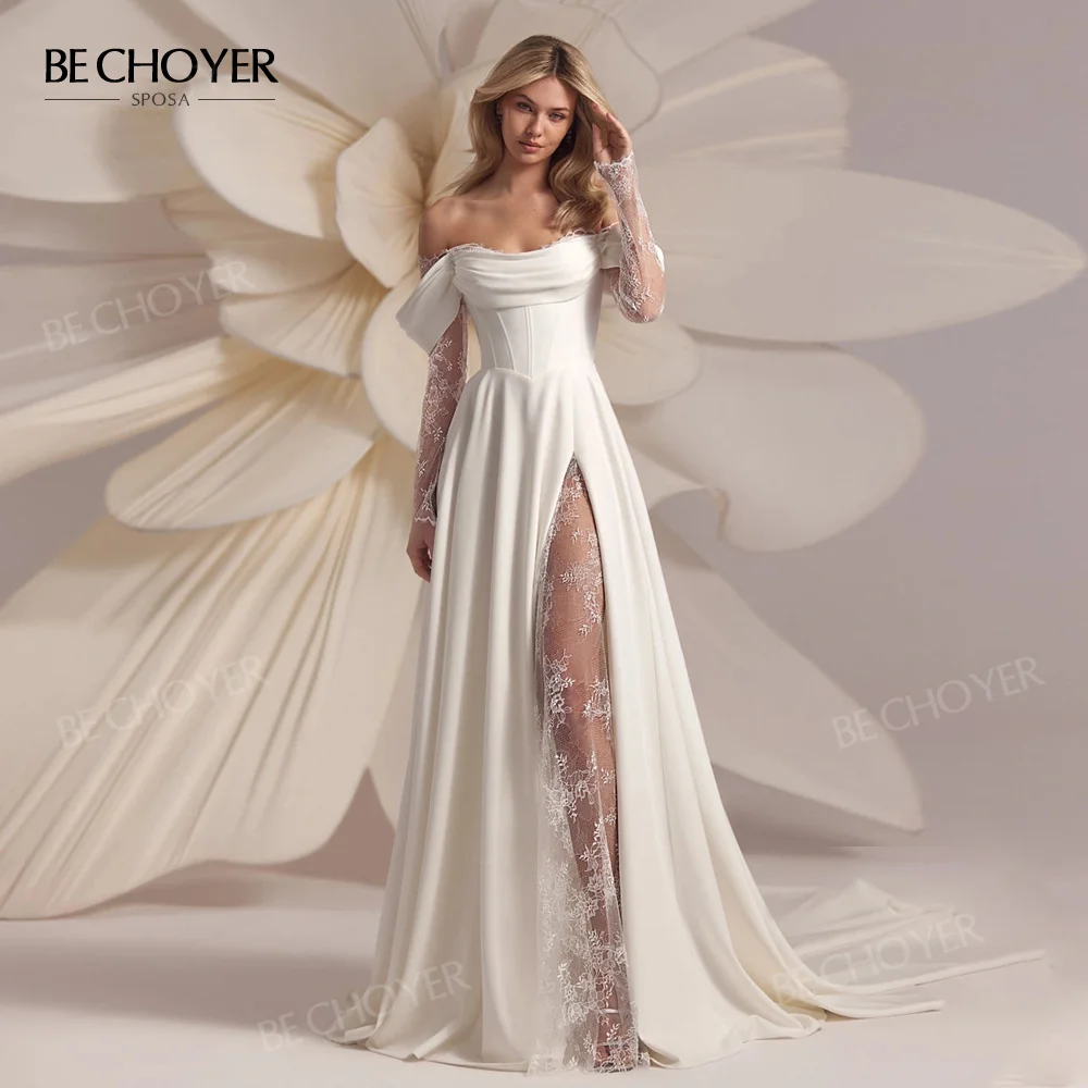 Off the Shoulder A-Line Wedding Dress 2025 Lace Long Sleeve Split Bride Gown Princess BECHOYER EL301 customized Vestido de Noiva