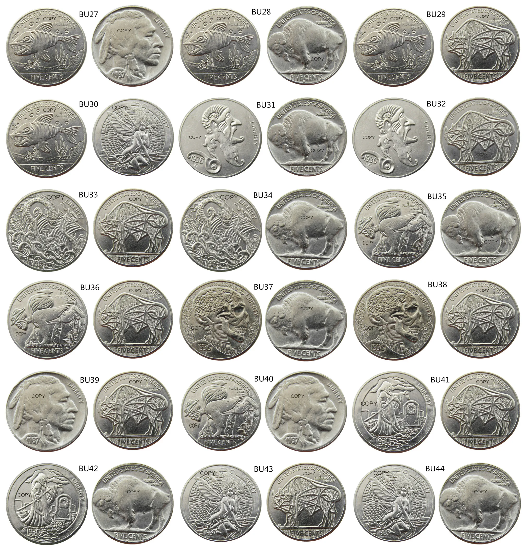 

A Set Of BU(01-44)Hobo Nickel 1937-D 3-Legged Buffalo Nickel Rare Creative skull Aliens Funny Copy Coin