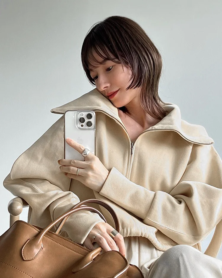 Casual High Neck Zipper Drawstring Waist Short Sweatshirt Shoulder Sleeve Women's Pure Color Autumn Winter Japanese Style