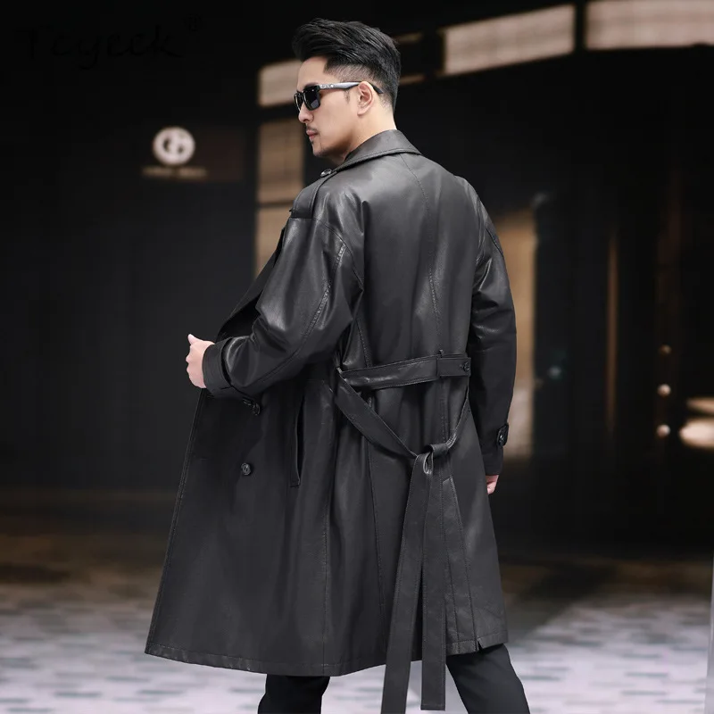 เสื้อแจ็คเก็ตหนังแกะแท้ Tcyeek สำหรับผู้ชาย เสื้อโค้ทยาวทรงเทรนช์โค้ท สไตล์ลำลองสำหรับธุรกิจ เสื้อโค้ทผู้ชายสำหรับฤดูใบไม้ผลิและฤดูใบไม้ร่วง เสื้อแจ็คเก็ตหนัง