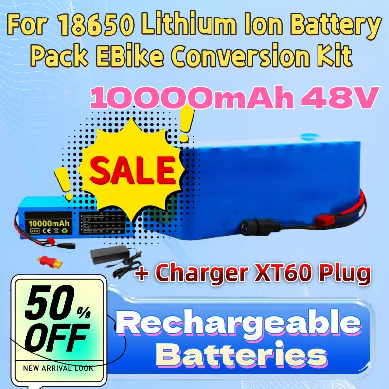 

Новая литиевая батарея высокой емкости 10000 мАч 48В 13S3P для аккумуляторных блоков 18650, комплект для переоборудования электровелосипедов + зарядное устройство с разъемом XT60