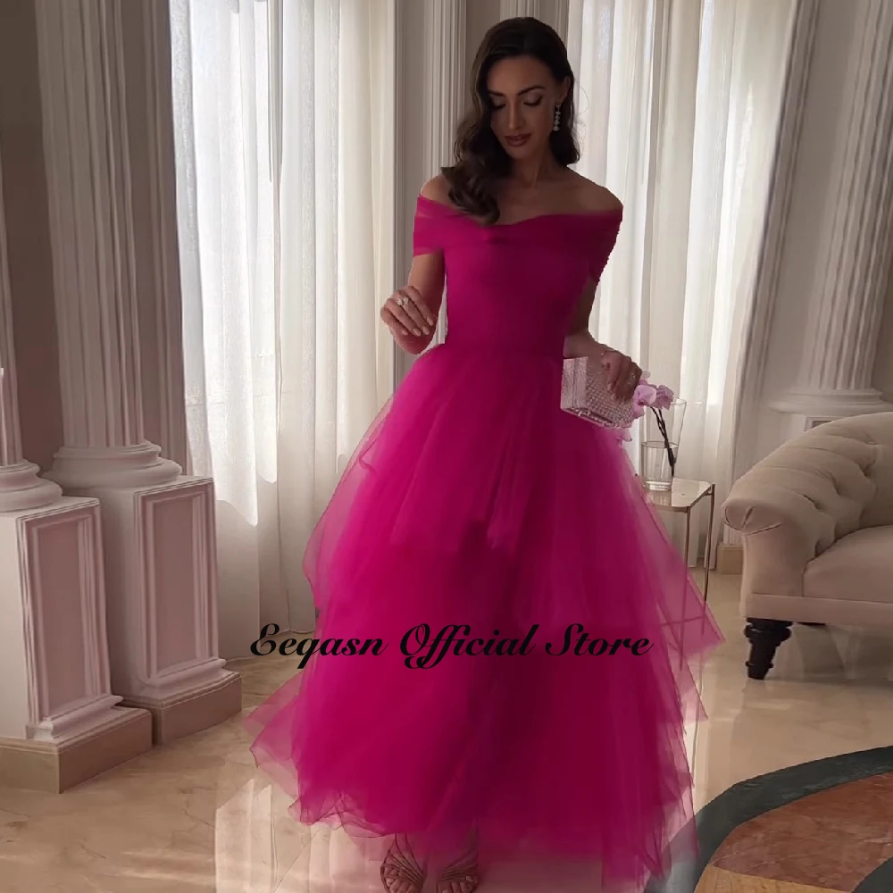 A-line Asymmetrical Tulle Evening Dresses Customized Tea Length Fuchsia Party Pageant Gown Women Prom Event Long Dress