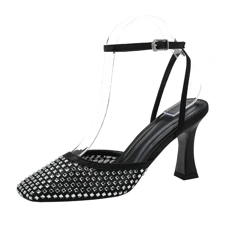 Black not tired feet high heels thin heel with pointed toe bag head sandals 2025 summer with diamond sandals