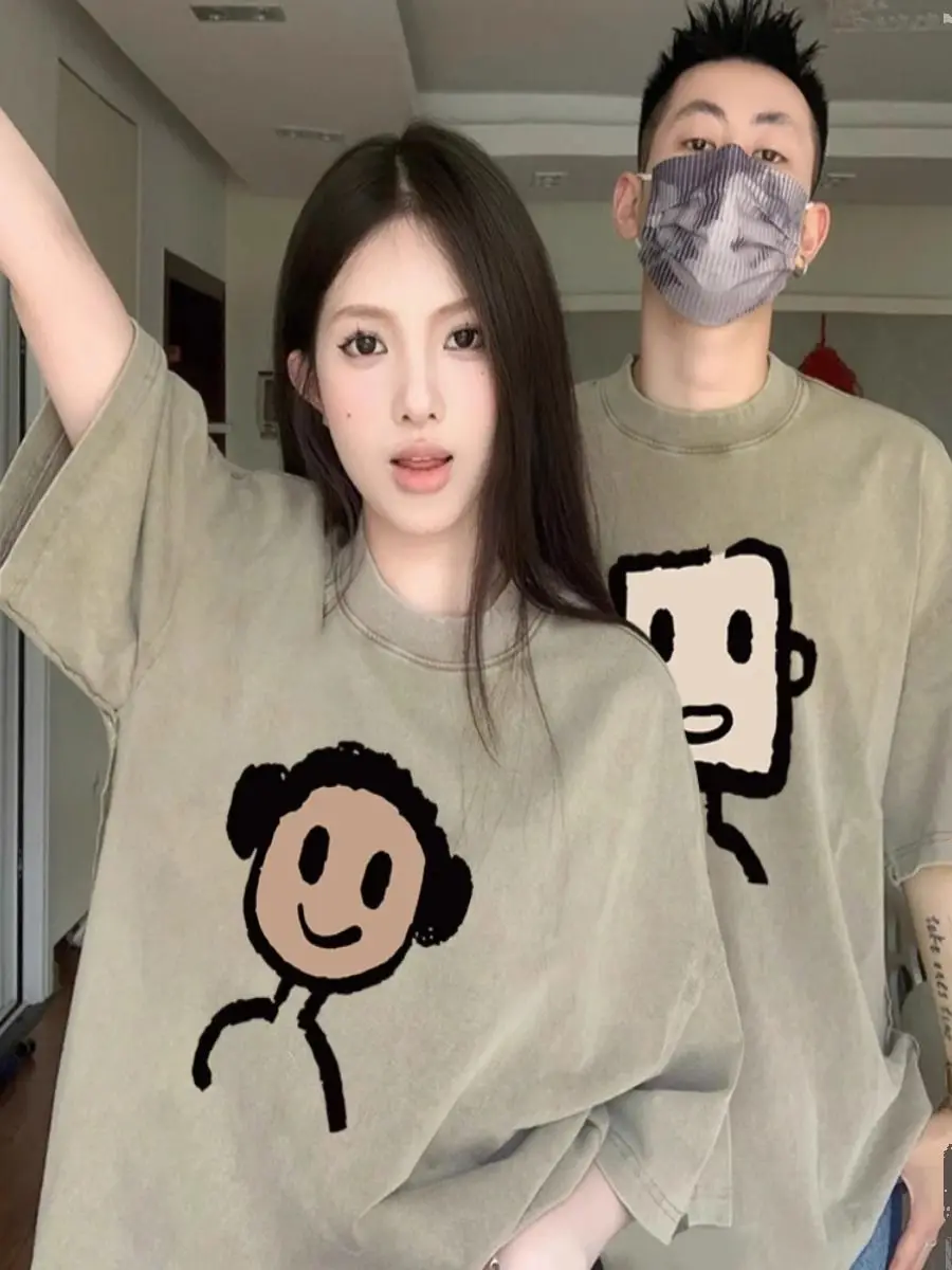 Funny Big Head Couple clothes 2025 New High-quality Short-sleeve Summer Loose Casual T-shirt