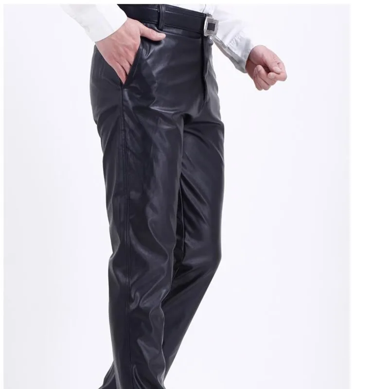 #2210 2023 Summer Waterproof Loose Stretch PU Faux Leather Pants Men Straight Fashion Thin Leather Trousers Men Black Plus Size