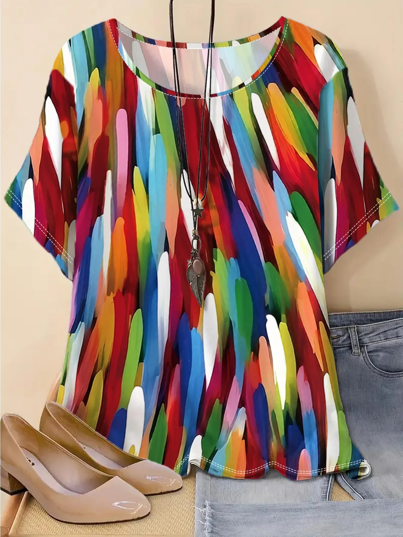 Women Colorful Abstract Paint Brush Stroke Print T‑Shirt Short Sleeve Crew Neck Casual Loose Summer Tops