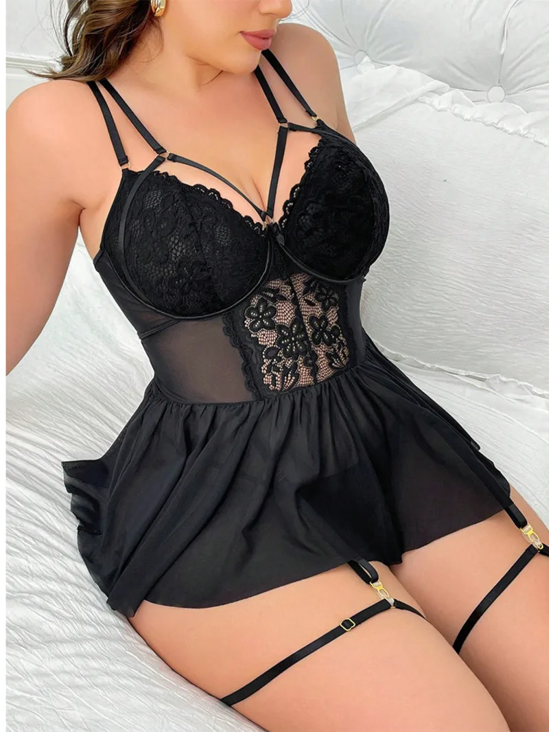 

Plus Size Sexy Lace See Through Woman Short Dresses Pure Colour Hook Flower Hollow Fashion Versatile Clothes Korean Style MA1R