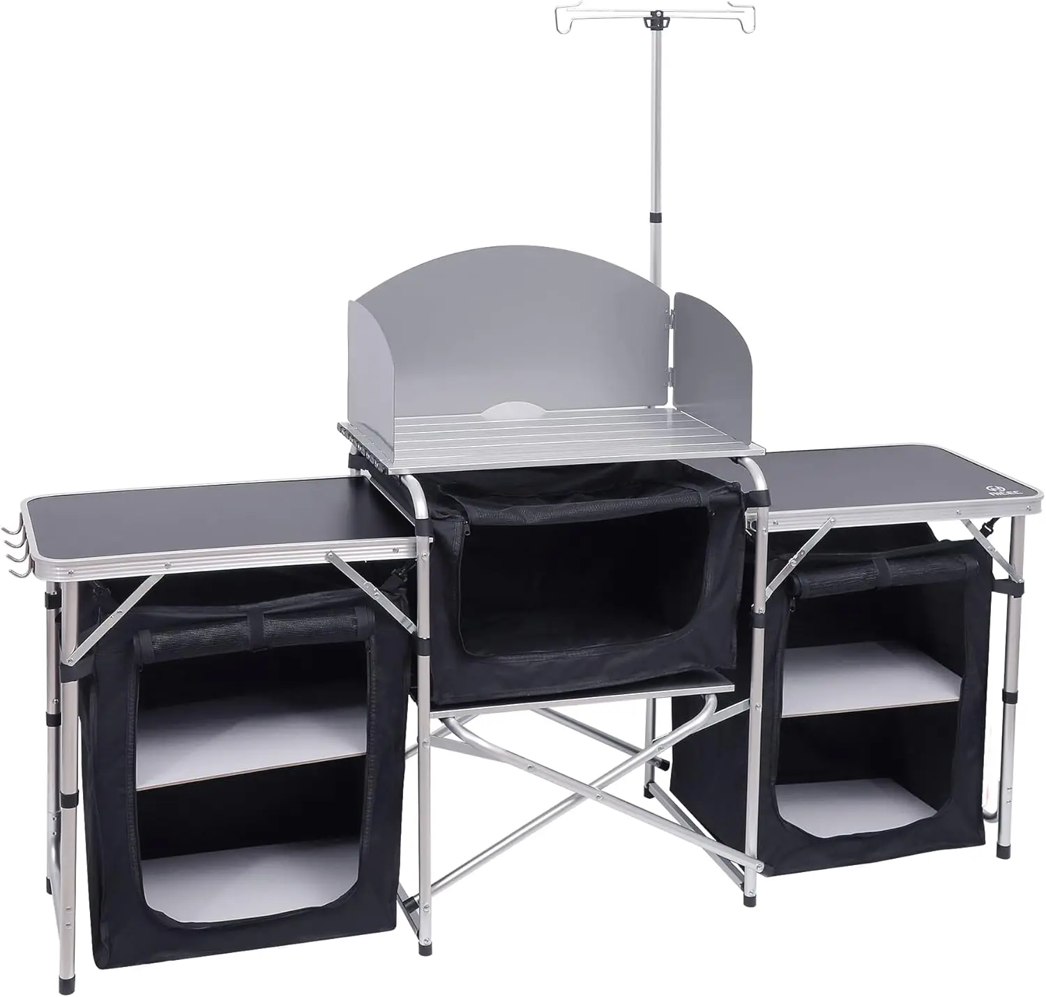

Portable Camping Kitchen Table with Light Stand, Windshield & Organizers for Outdoor Cooking