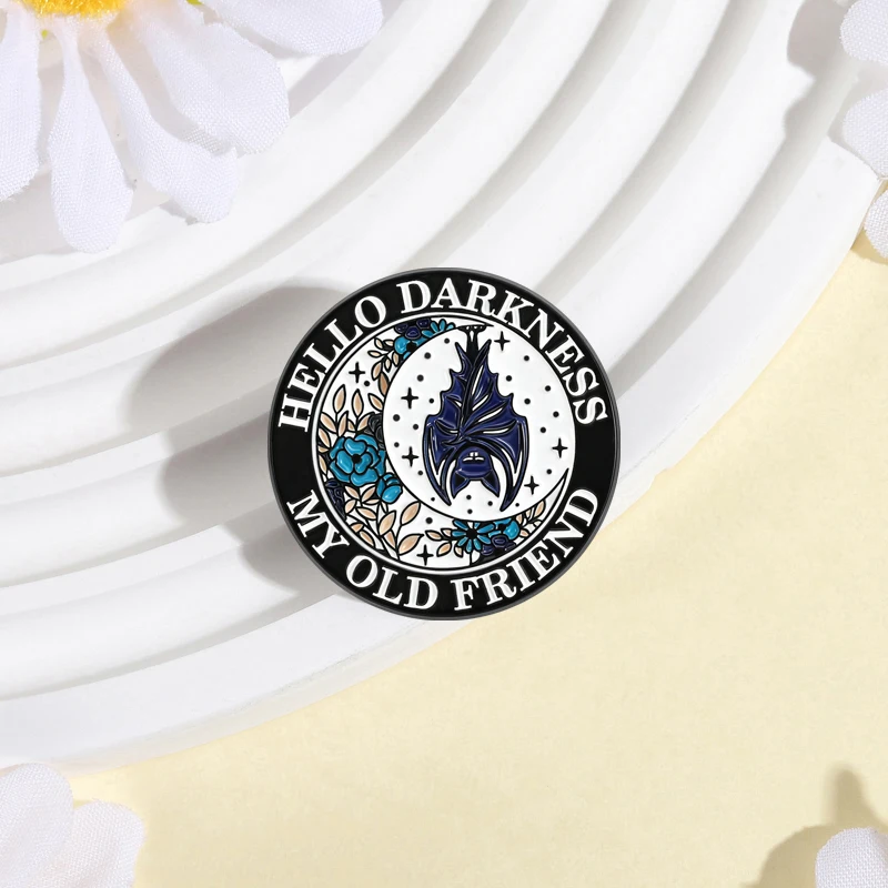 Hello Darkness My Old Friend Brooch Enamel Pins Folk Music Lyrics Gothic Bat Flower Brooches Bag Lapel Badge Jewelry Fans Gifts
