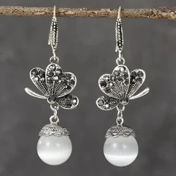 Faux Pearl Pendant Exquisite Butterfly Design Shiny Rhinestone Inlaid Dangle Earrings for Women Retro Bohemian Style