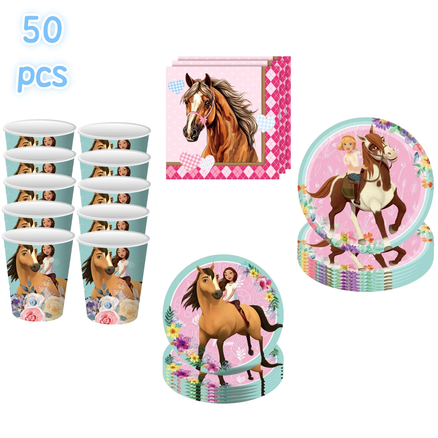 Dibujos animados espíritu-estalón montar caballo decoración de fiesta de cumpleaños pastel desechable Topper mantel plato taza niños niña regalo suministro conjunto