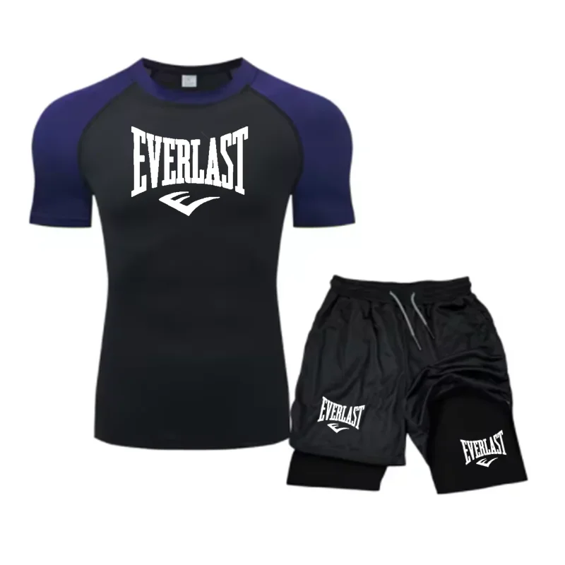 EVERLAST Men's Compress Shirt + 2-in-1 sports shorts 2pcs Set Leisure Breath Short Sleeve Sport Jogging Gym Brand Print Clothing