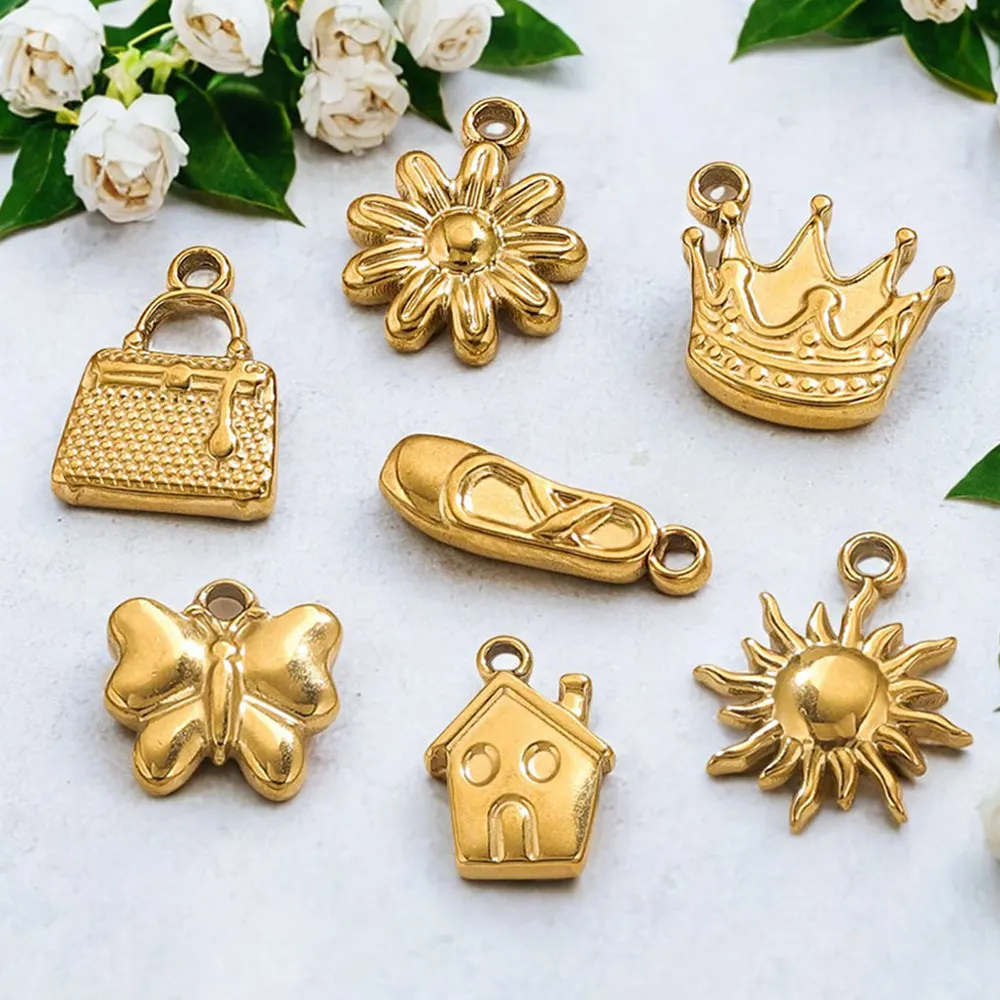 10pcs Stainless Steel Cute Small Charm Crown House Flower Gold-plated DIY Necklace Bracelet Jewelry Making Accessories Wholesale