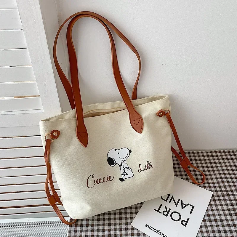 Snoopy nuevo bolso de hombro de lona para pañales, bolso de mano con letras a la moda, bolsa de almacenamiento para compras para niñas, bolso de gran capacidad