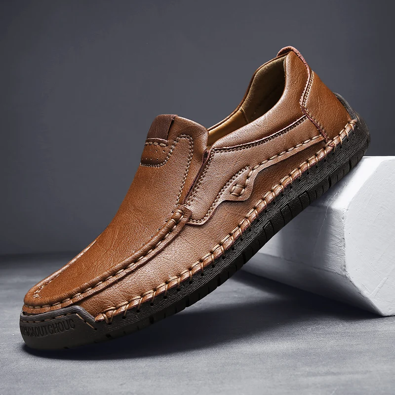 2024Natural Leather Shoes Men Loafers Waterproof Autumn Casual Shoes Flats Anti-slip Rubber Breathable Comfort Walking Men Shoes