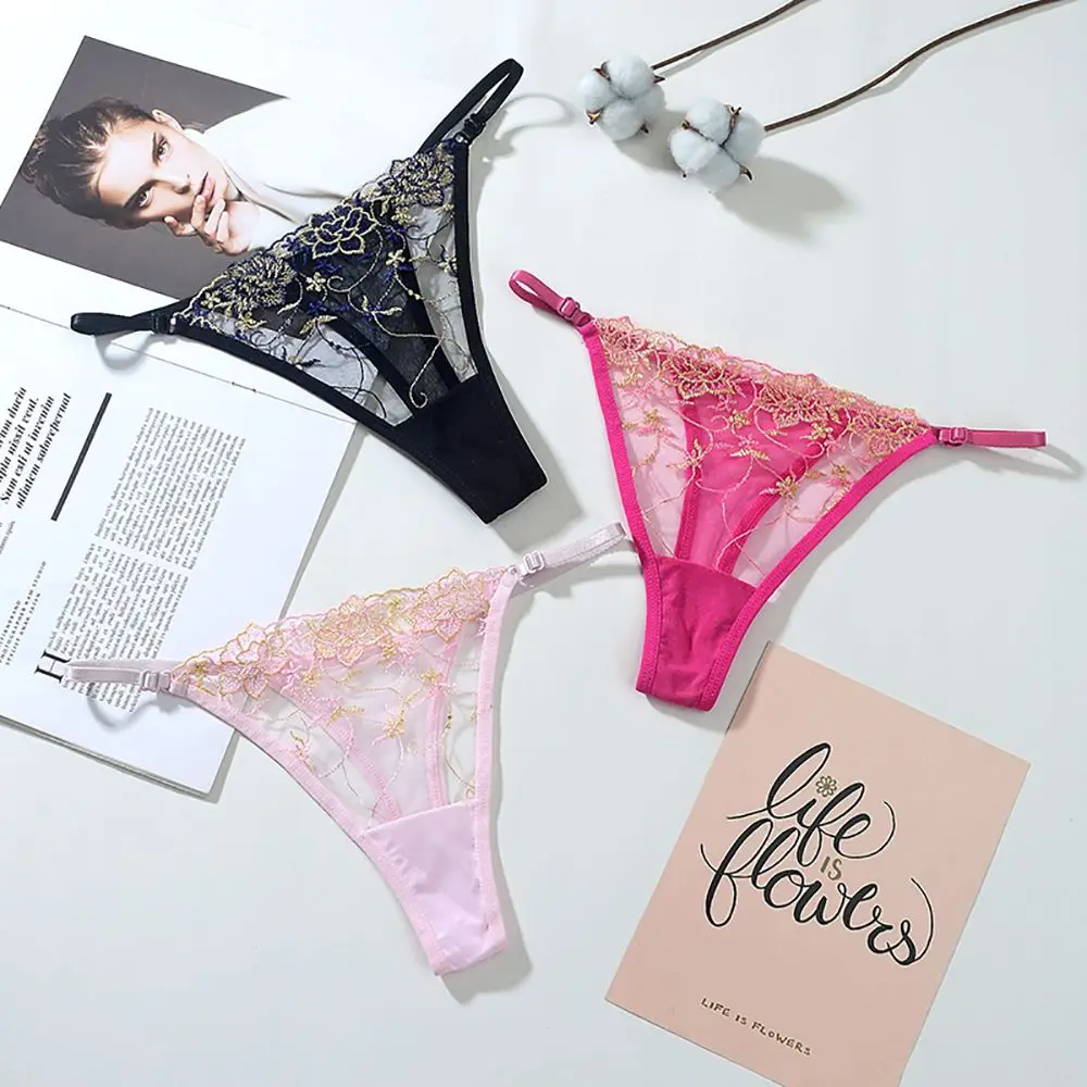 

Soft Embroidered G String Low-waist Solid Color T-Back Sexy Briefs Flowers Panties Mesh Thong Lady Lingerie
