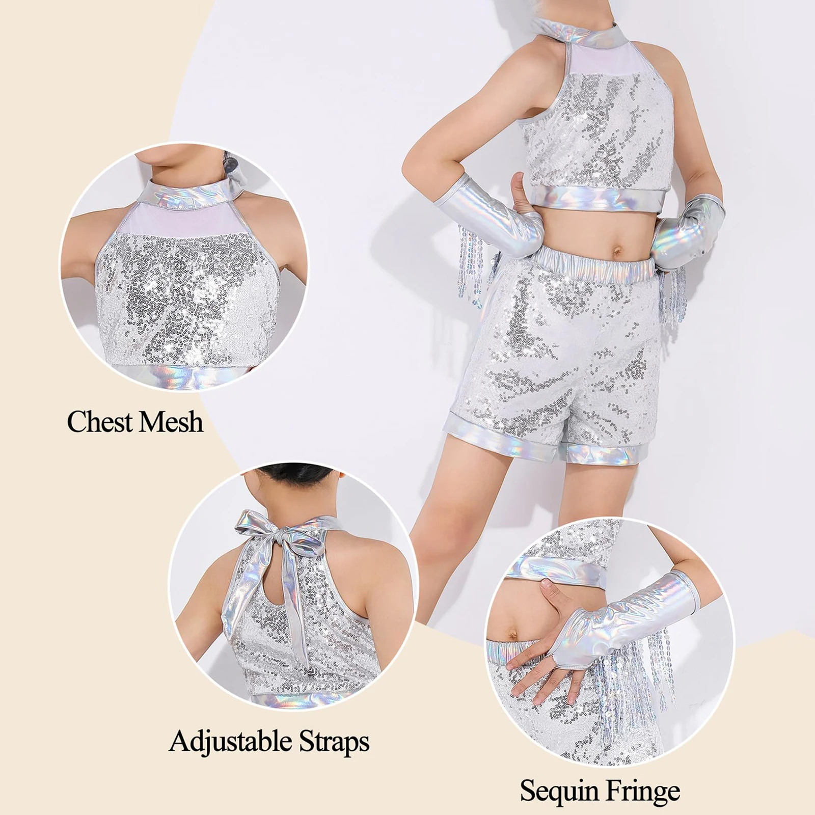 키즈 소녀 현대 라틴 재즈 댄스 연습 옷 스팽글 크롭 탑 금속 반바지 팔 슬리브 세트 퍼포먼스 댄스웨어
