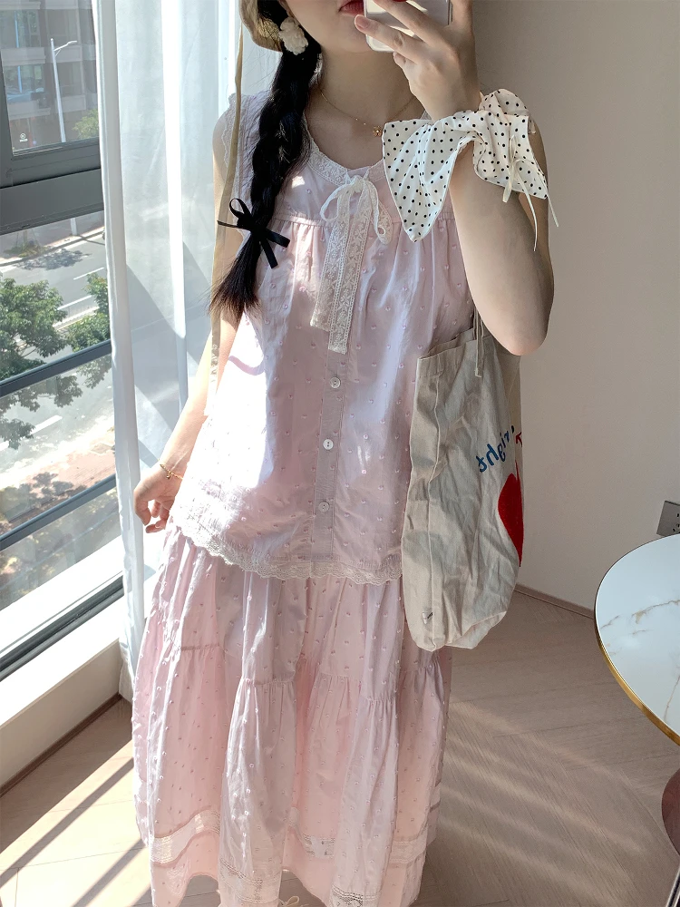 

LL Sweet Girl Cotton Lace Vest Top f Skirt Women's Cute Pink Bean Flower Cut Pure Cotton Lace Vest Summer Faion