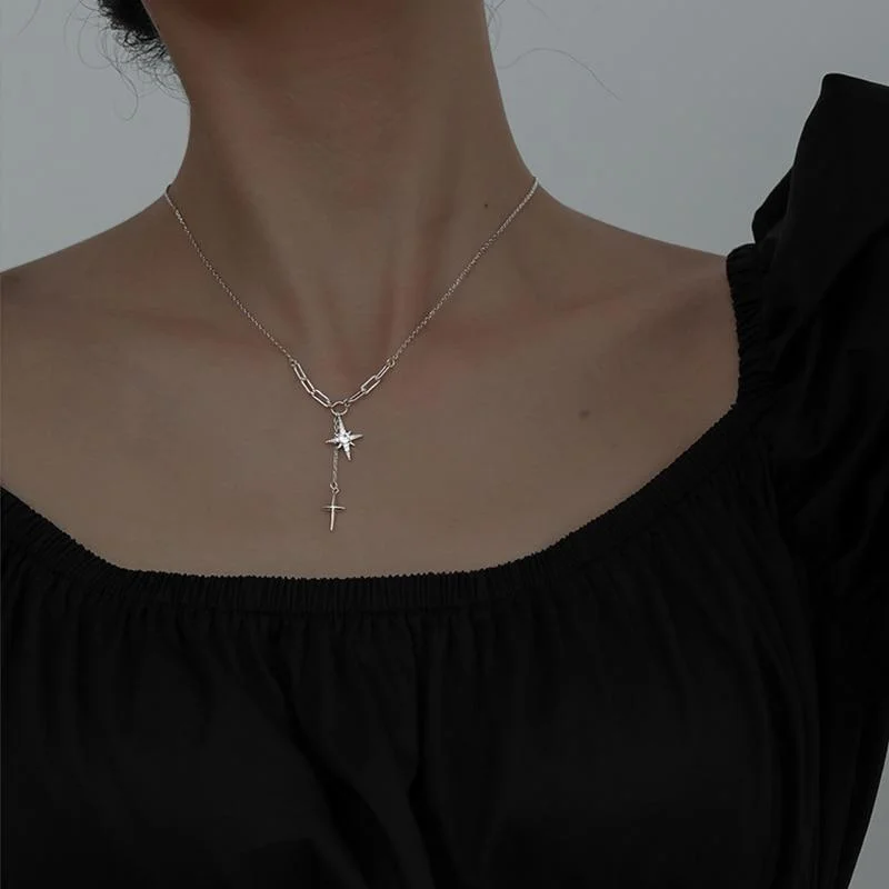 Korean Fashion Four-Pointed Star Necklace for Women Simple Clavicle Chain Zircon Tassel Cross Pendant Party Wedding Jewelry Gift