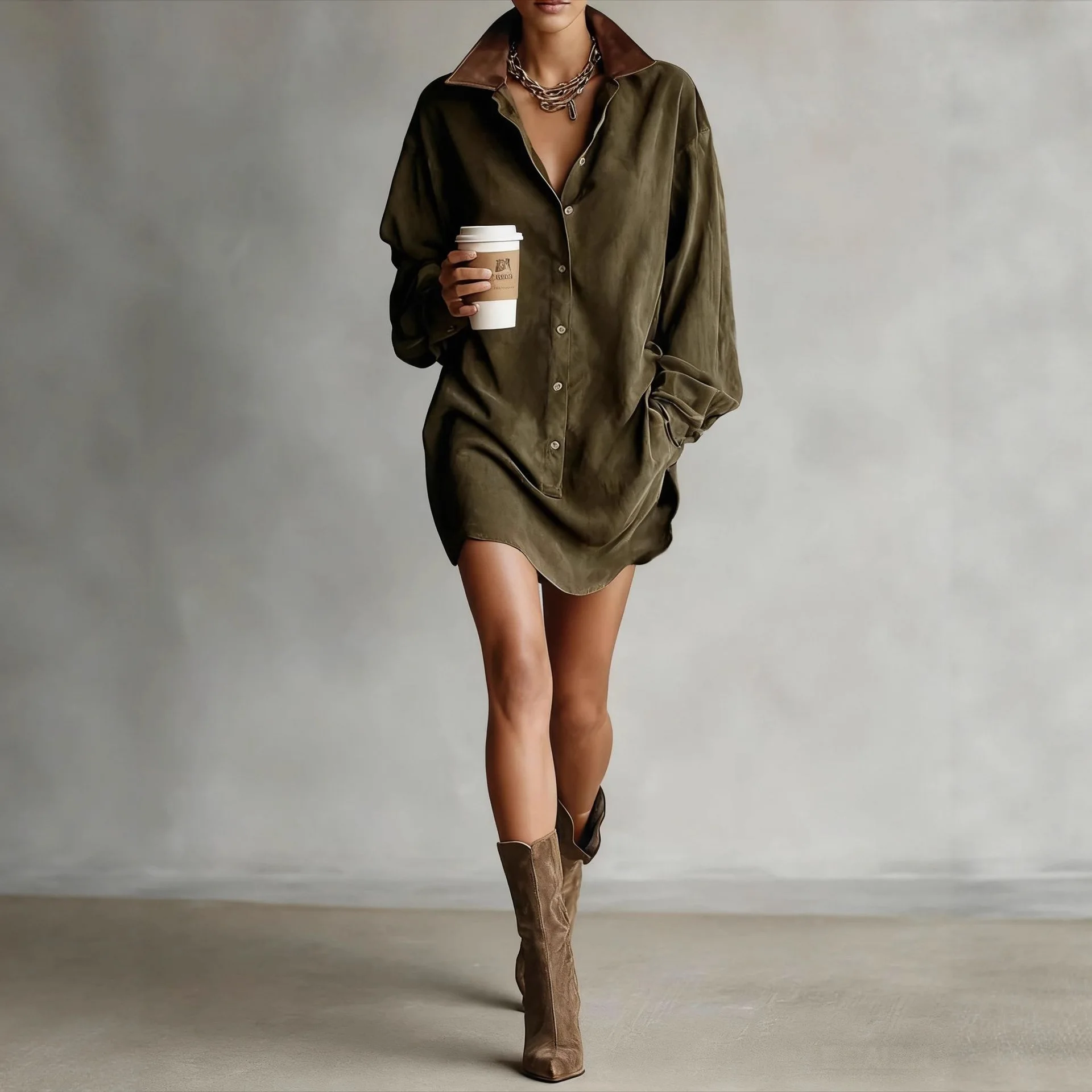 

Contrast Lapel Button Shirt Dress for Women Retro Solid Suede Loose Mini Short Dress Autumn Long Sleeve Pocket Pullover Dress