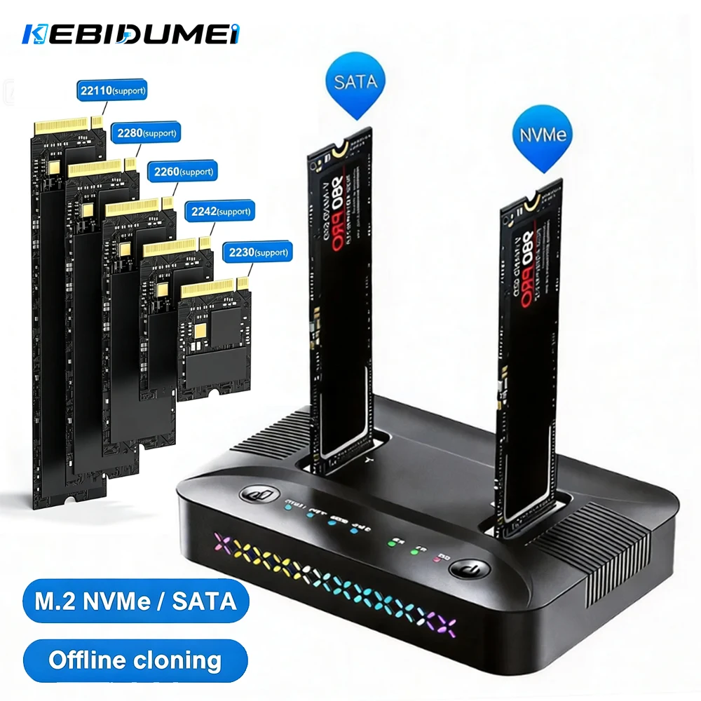 KEBIDUMEI M.2 SSD Duplicator Dual‑Bay Docking Station Offline Clone USB Gen2 10Gbps For NVMe SATA M.2 Hard Drive Enclosure