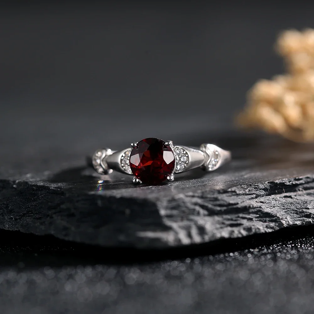 6mm Natural Garnet Sterling 925 Silver Ring Adjustable Bands January Birthstone Statement Jewelry Wedding Promise Gift