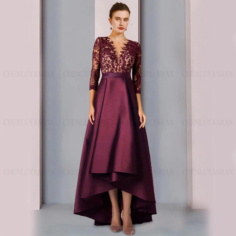 

Satin Mother of the Bride Dresses 2025 A-Line Hi-Lo Simple Wedding Guest Gowns V-Neck Lace Satin Dress Women For Wedding Party