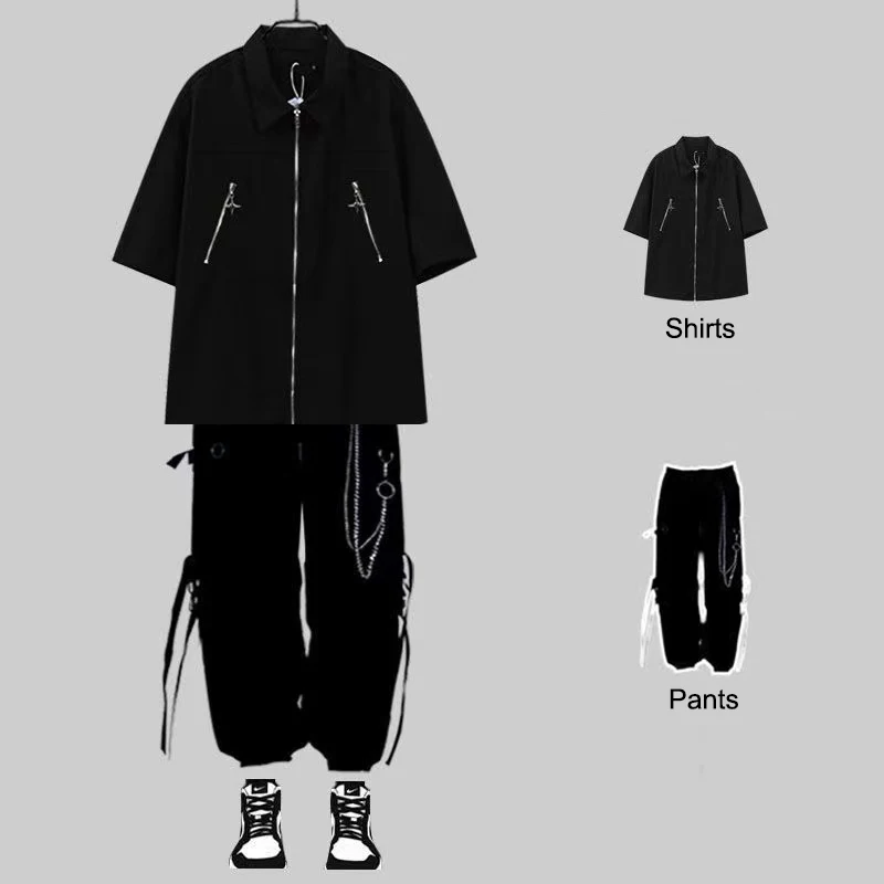 ARENS Men Streetwear Two-piece Suit Solid Color Short Sleeve+Ribbon Chain Pants Harajuku Cargo Pants 2 Piece Sets Mens Outfits