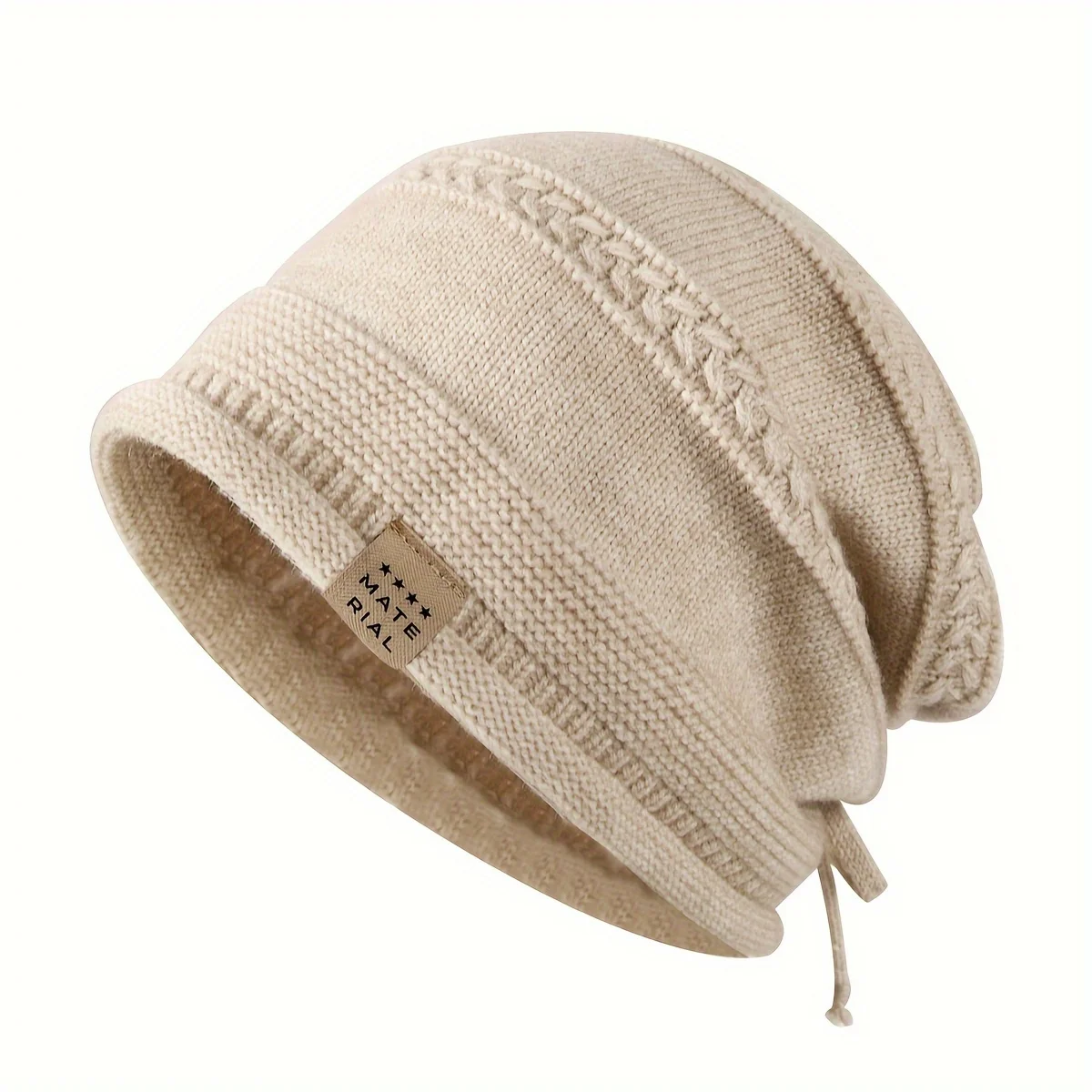 Men Women Winter Warm Cable Knit Slouchy Beanie Hat Drawstring Adjustable Fabric Label Warm Casual Skull Cap for Outdoor