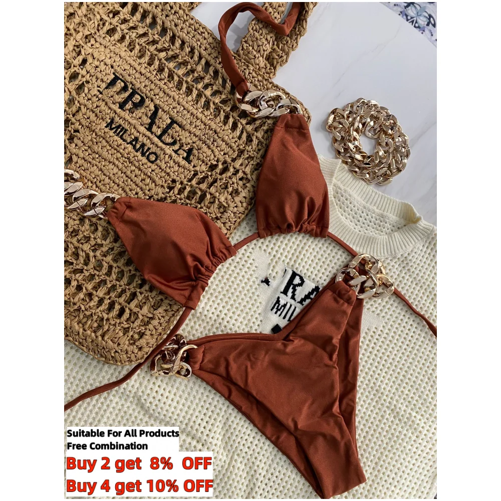 Entry Luxury Soft Fabric Chain Bikini Set Nice Colors S-XL Swimsuit Women's Two Piece Bathing Suit Summer Beachwear