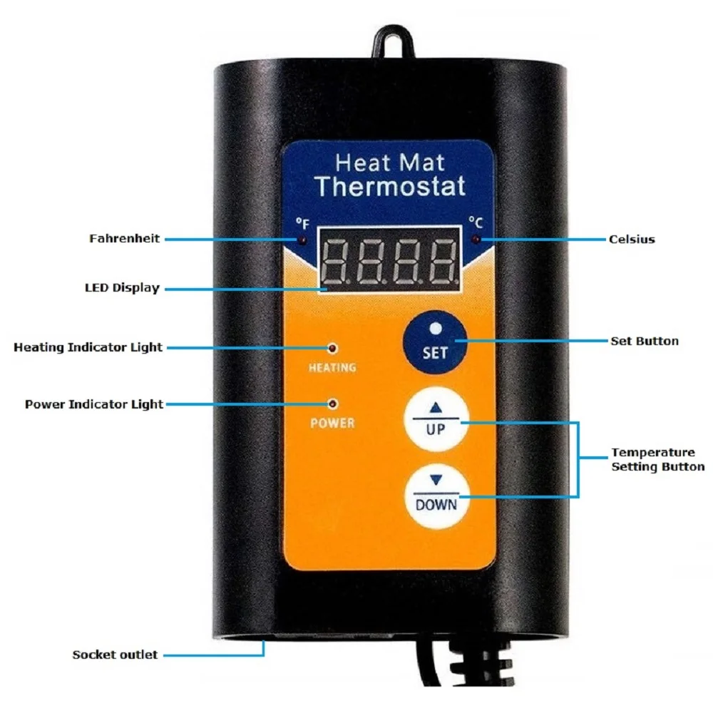 Digital Heat Mat Temperature Controller Outlet with Sensor Thermostat Switch ℃/℉ for Pet Plant Seed Germination Reptiles 120V