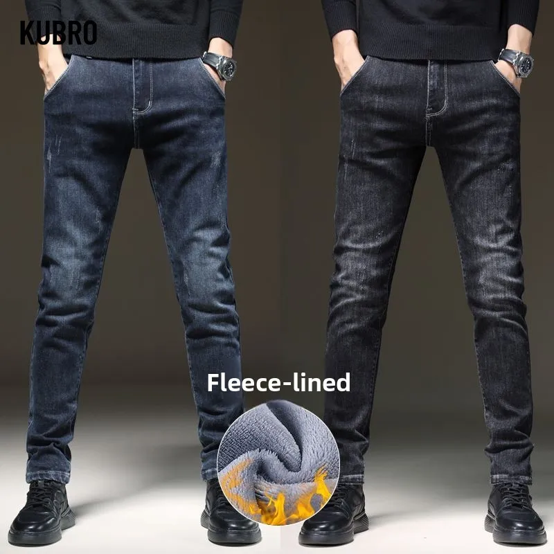 Celana Jeans Pria Model Y2K 2025, Longgar, Tebal, Berbahan Fleece, Kasual, Serbaguna, Kelas Atas, Slim Fit, Kaki Lurus, Musim Gugur Musim Dingin, Hangat