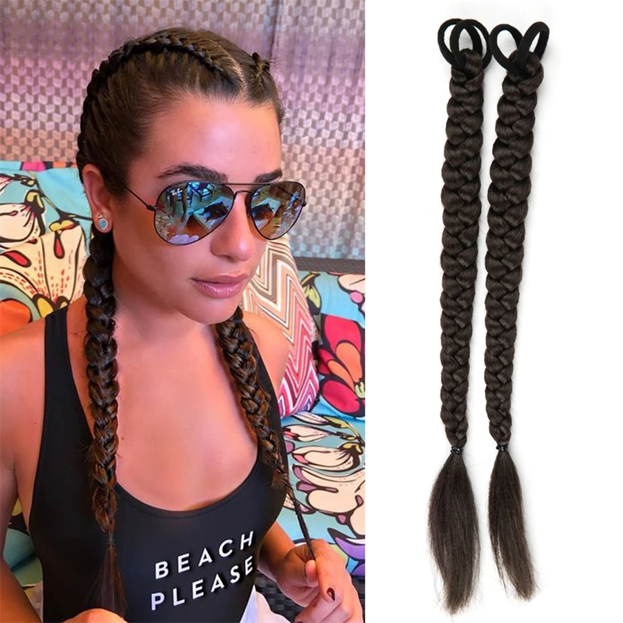 Correa de trenzas de boxeo, cola de moño sintético con banda de goma, Anillo para el cabello de 16 pulgadas, trenza de ganchillo pequeña, extensiones de coleta negra