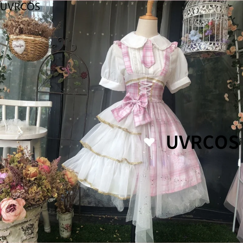 Sweet Lolita Style Jsk Dress Women Kawaii Tulle Patchwork Pink Plaid Cosplay JK Uniform Girl High Waist Party Fairy Slip Dresses