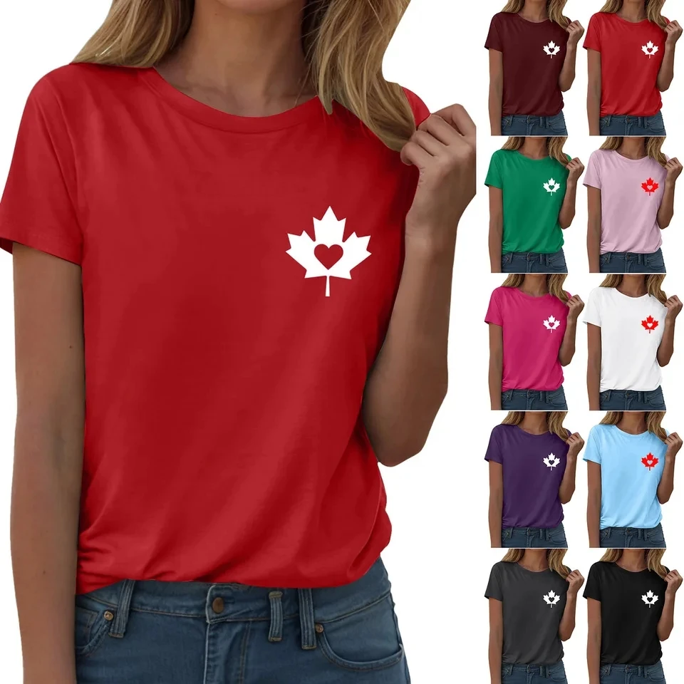 

Women's Canada Day Festival T Shirt Maple Leaf Print Short Sleeve Round Neck Loose Tops Female Canadian Independence Day Tees
