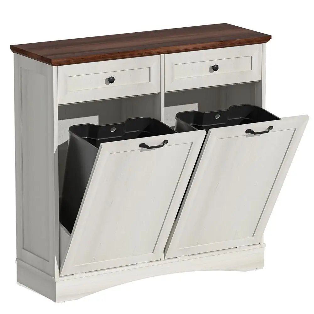 

Tilt Out Trash Can Cabinet with Drawer, 26 Gallon Rustic Farmhouse Laundry Hamper Cabinet for Bathroom, Living Room, Kitchen (An