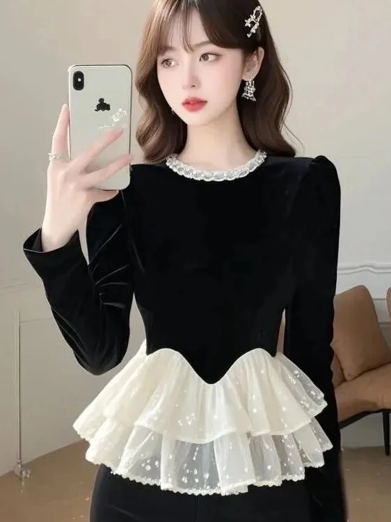 엘레 블라 벨벳 탑 여성용 슬림핏 베이스 레이어 봄 가을 럭셔리 감성 레트로 프랑스 스타일