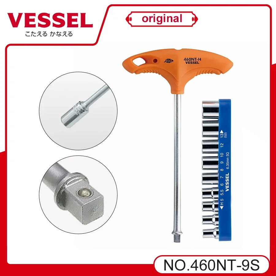 VESSEL Franchise Screwdriver Series NO.460NT-9S ，10 PCS Eco Soft Ratchet Screwdriver Set T-shaped Socket Bit Set Multifunction