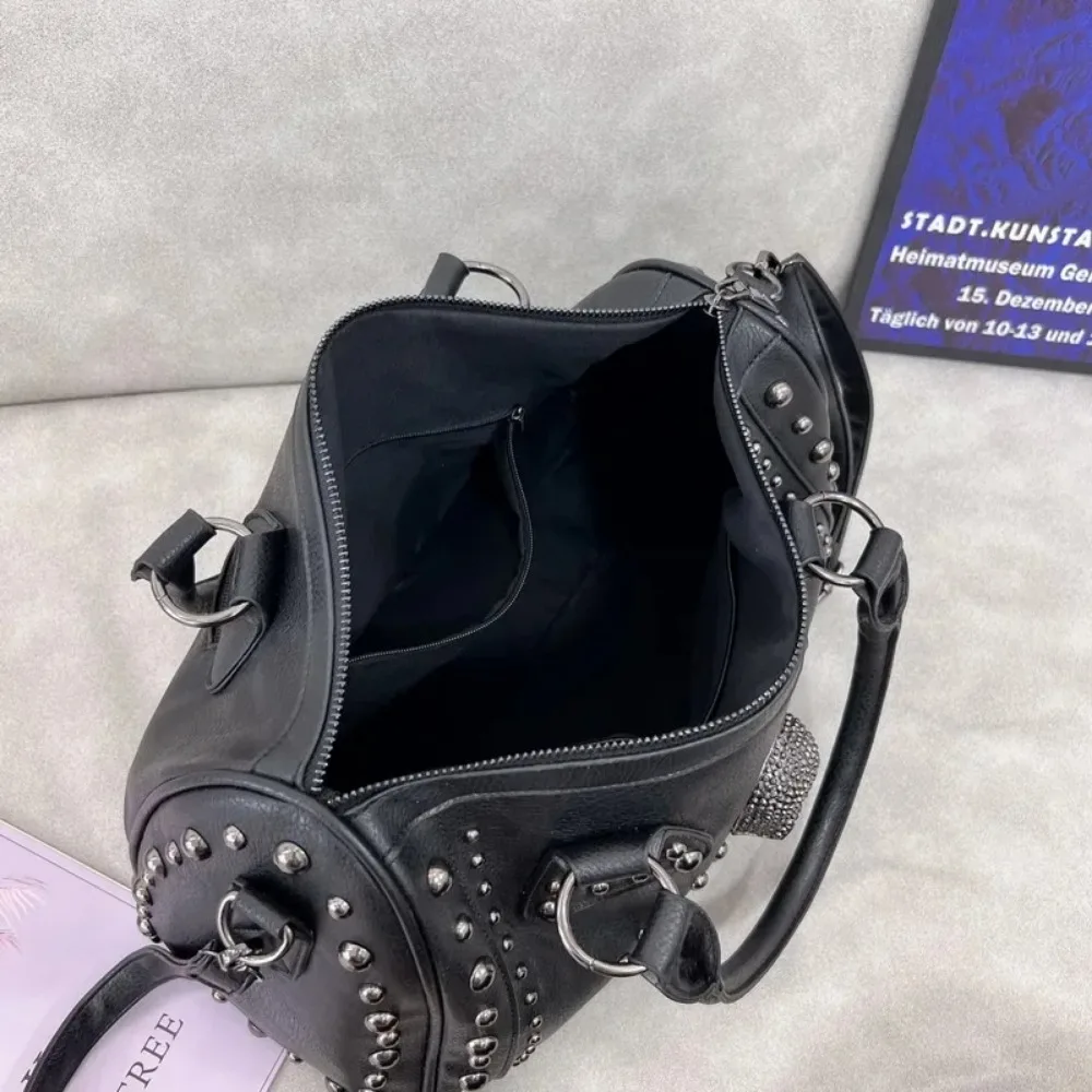 Punk Gothic Rock Metallic Skull Handbag Large Capacity Gothic Shoulder Bag with rivets Skeleton Leather Handbag Wallet