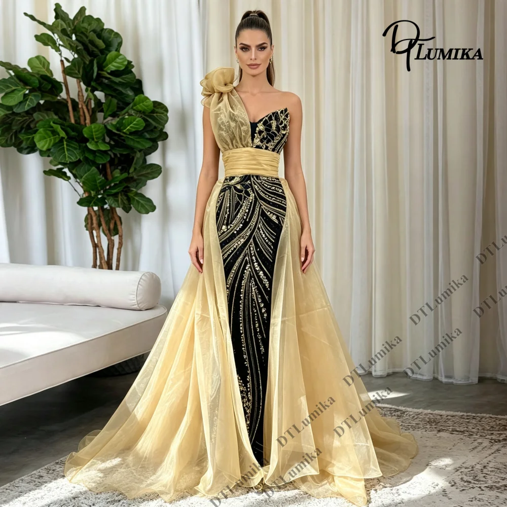 Black Gold One Shoulder Evening Gown Sequined Mermaid Prom Dress Women Tulle Overlay Train Formal Pageant Wedding Guest Dress