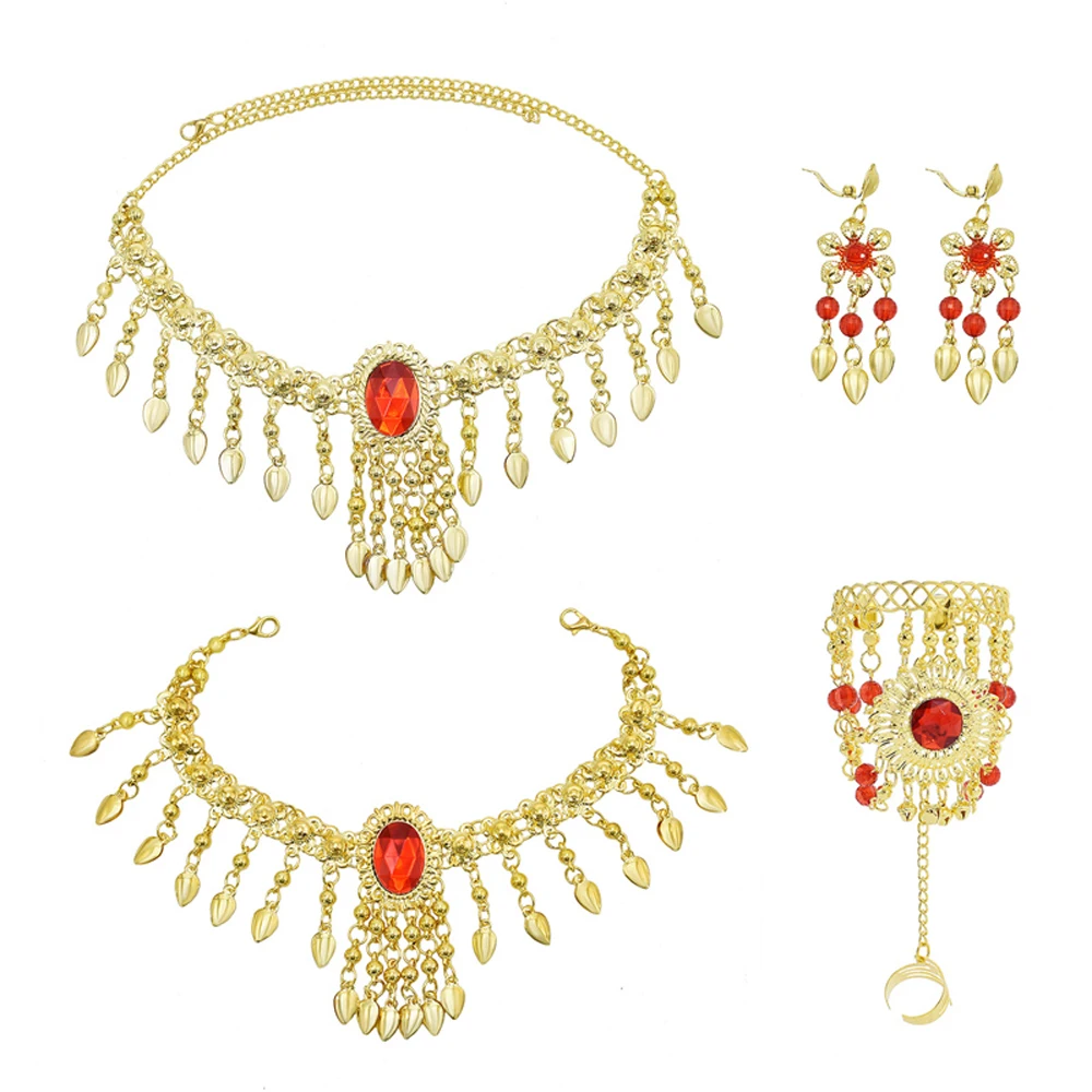 Traditional India Belly Dance Jewelry Sets Red Acrylic Crystal Bell Tassel Necklace Earrings Bracelet Hair Accessories for Women