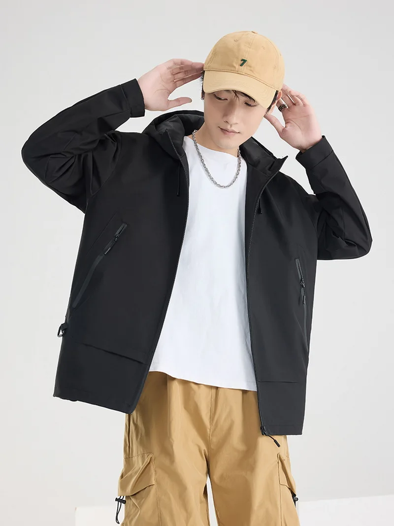 

Spring New Men's Casual Outdoor Windproof Water-resistant Hooded Workwear Jaet Loose Fit Faionable Polyester Fiber
